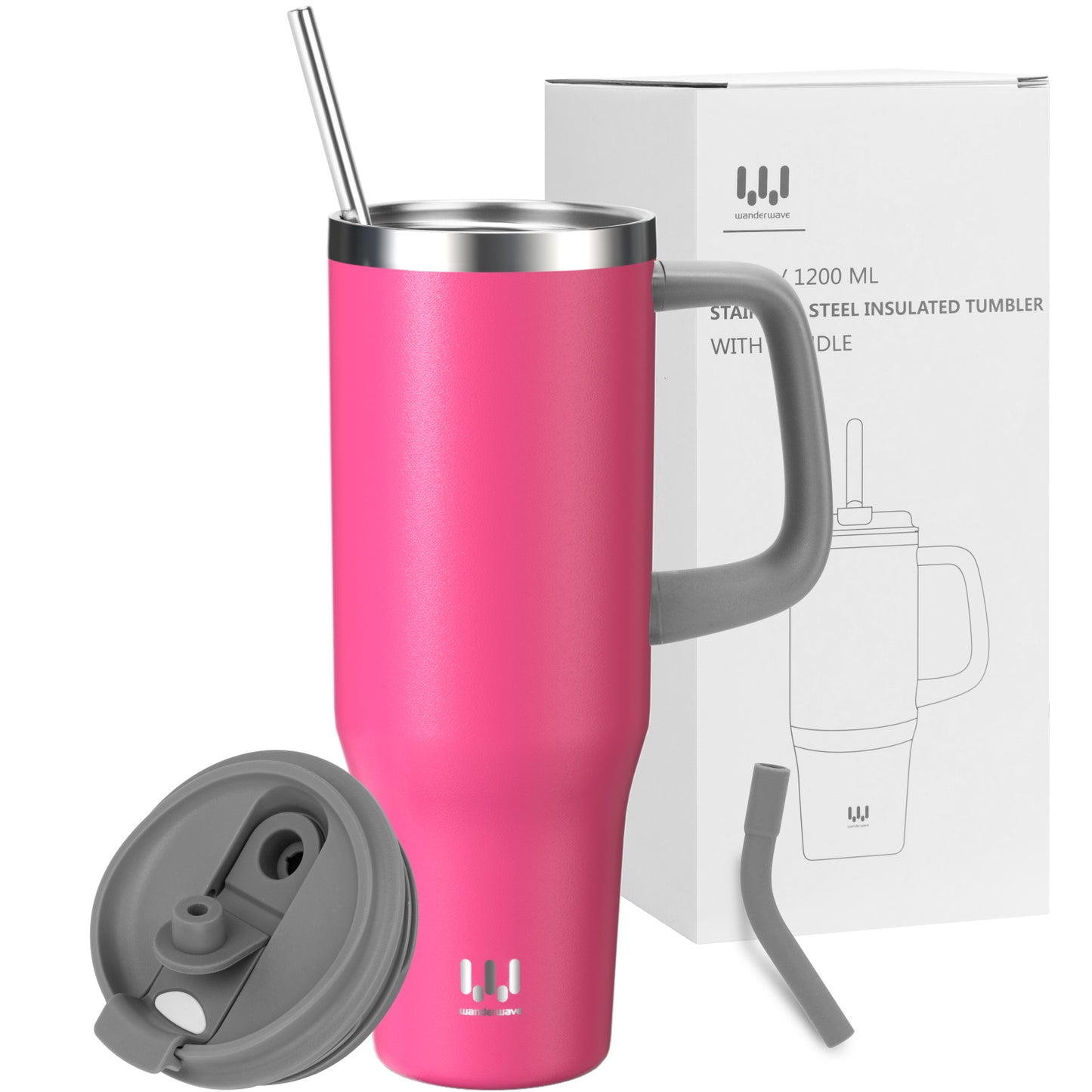 40 oz Insulated Tumbler with Handle, Stainless Steel Straw and silicone sleeves, Leakproof Travel Mug for Water, Blue flower