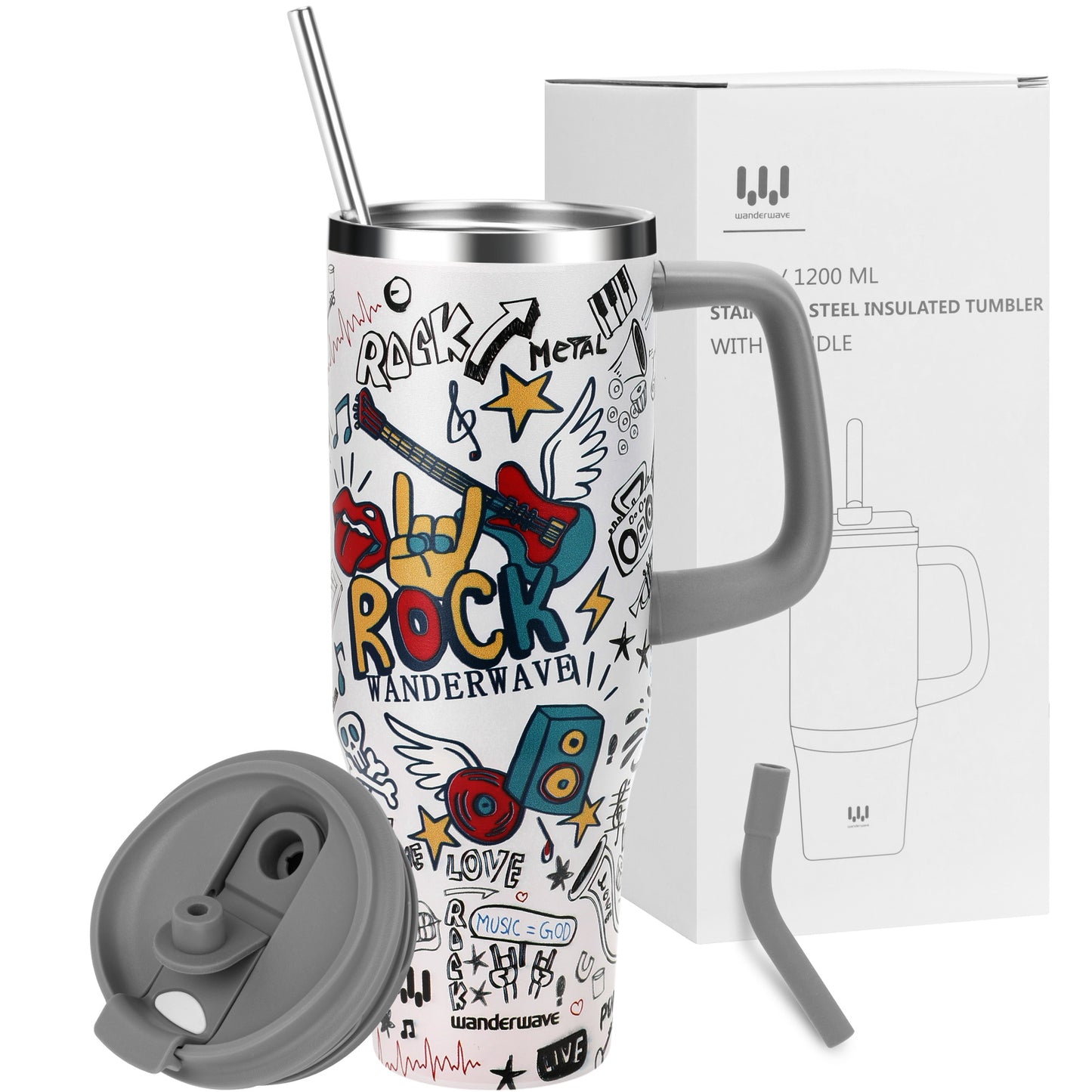 40 oz Insulated Tumbler with Handle, Stainless Steel Straw and silicone sleeves, Leakproof Travel Mug for Water, Blue flower