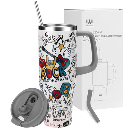 40 oz Insulated Tumbler with Handle, Stainless Steel Straw and silicone sleeves, Leakproof Travel Mug for Water, Blue flower