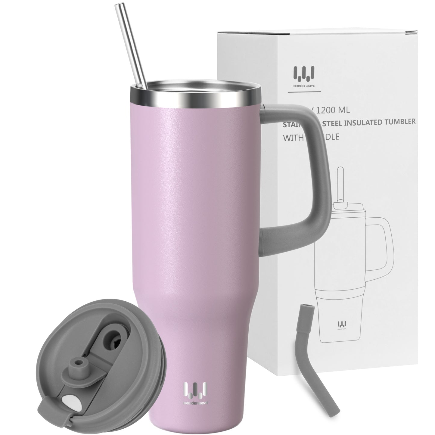 40 oz Insulated Tumbler with Handle, Stainless Steel Straw and silicone sleeves, Leakproof Travel Mug for Water, Blue flower