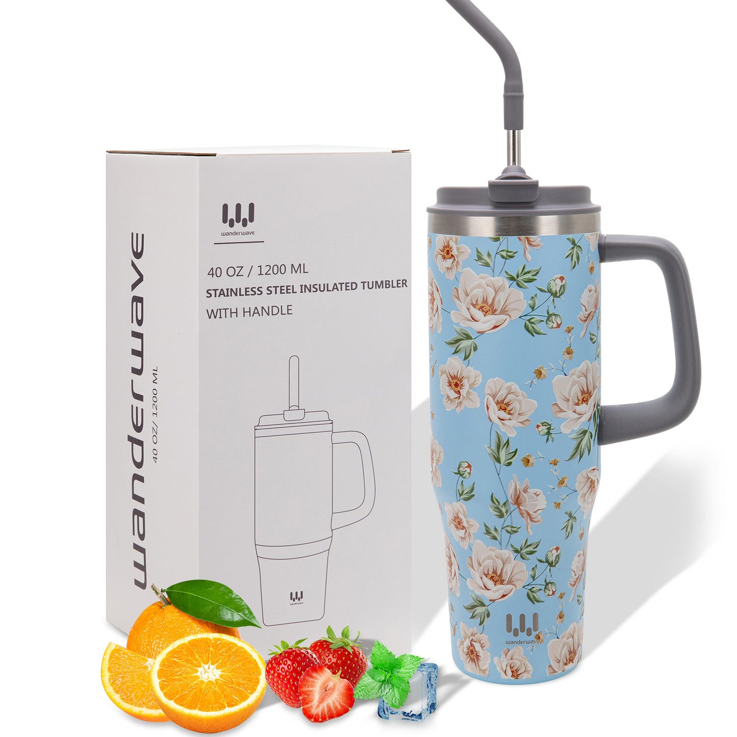 40 oz Insulated Tumbler with Handle, Stainless Steel Straw and silicone sleeves, Leakproof Travel Mug for Water, Blue flower