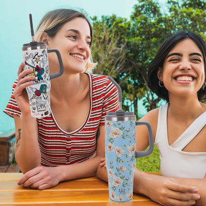 40 oz Insulated Tumbler with Handle, Stainless Steel Straw and silicone sleeves, Leakproof Travel Mug for Water, Blue flower