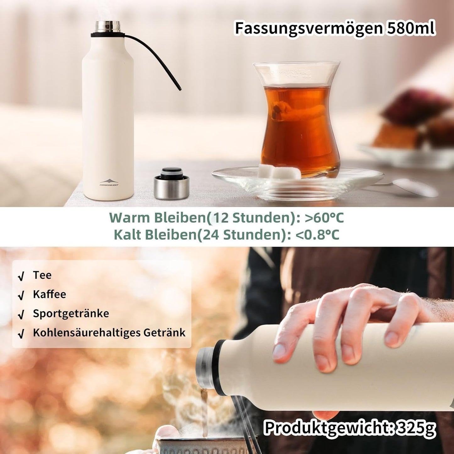 Insulated Stainless Steel Bottle Leakproof Thermal Flask 580 ml for Men Women Cream