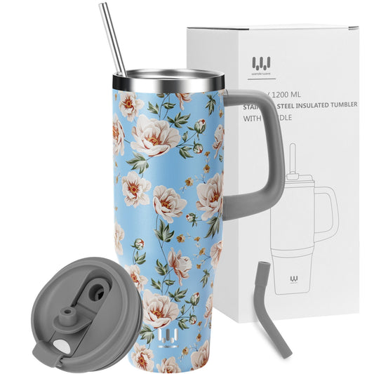40 oz Insulated Tumbler with Handle, Stainless Steel Straw and silicone sleeves, Leakproof Travel Mug for Water, Blue flower