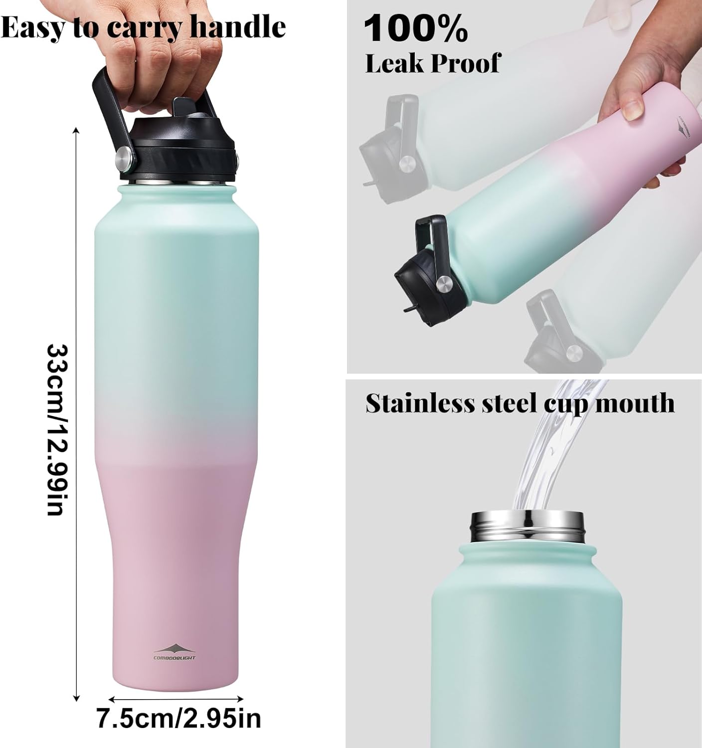 40oz Insulated Water Bottle with Straw/Spout Lids