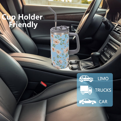 40 oz Insulated Tumbler with Handle, Stainless Steel Straw and silicone sleeves, Leakproof Travel Mug for Water, Blue flower
