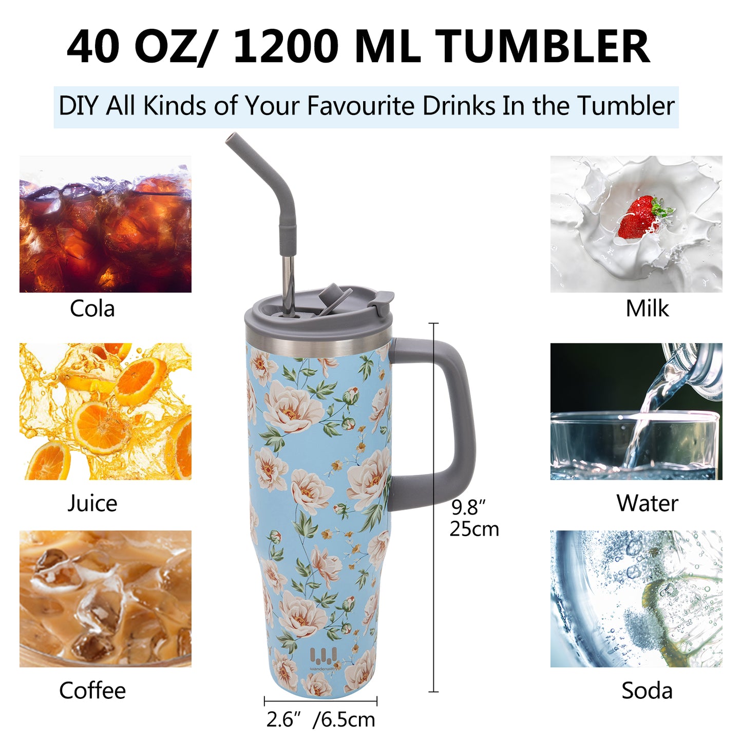 40 oz Insulated Tumbler with Handle, Stainless Steel Straw and silicone sleeves, Leakproof Travel Mug for Water, Blue flower