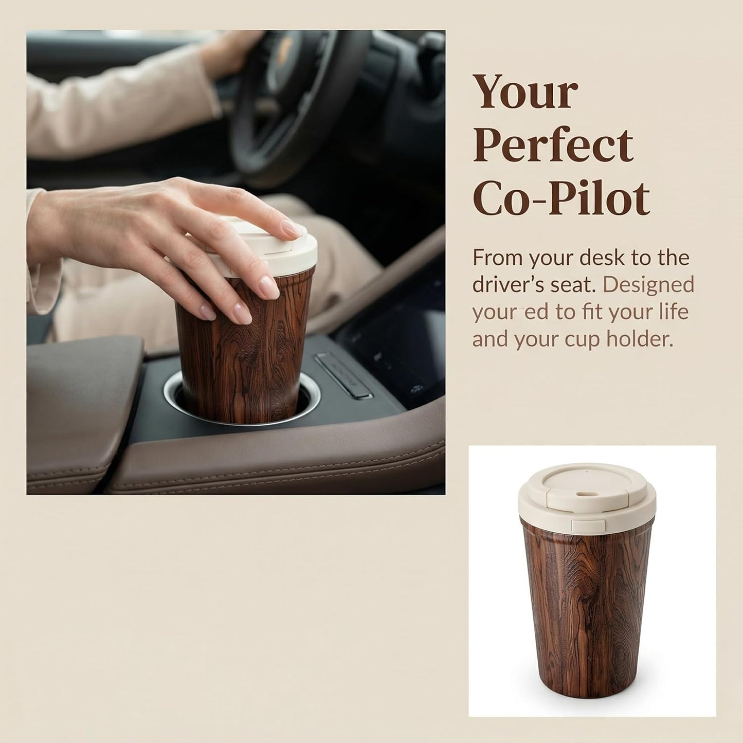 Insulated Coffee Mug for Travel Spill & Leak Proof Stainless Steel Coffee Tumbler Reusable Coffee Cup with Lid Brown Wooden 13OZ