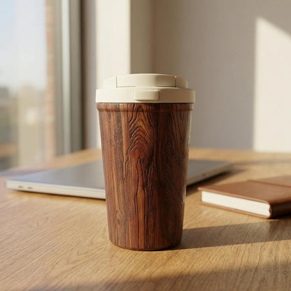 Insulated Coffee Mug for Travel Spill & Leak Proof Stainless Steel Coffee Tumbler Reusable Coffee Cup with Lid Brown Wooden 13OZ