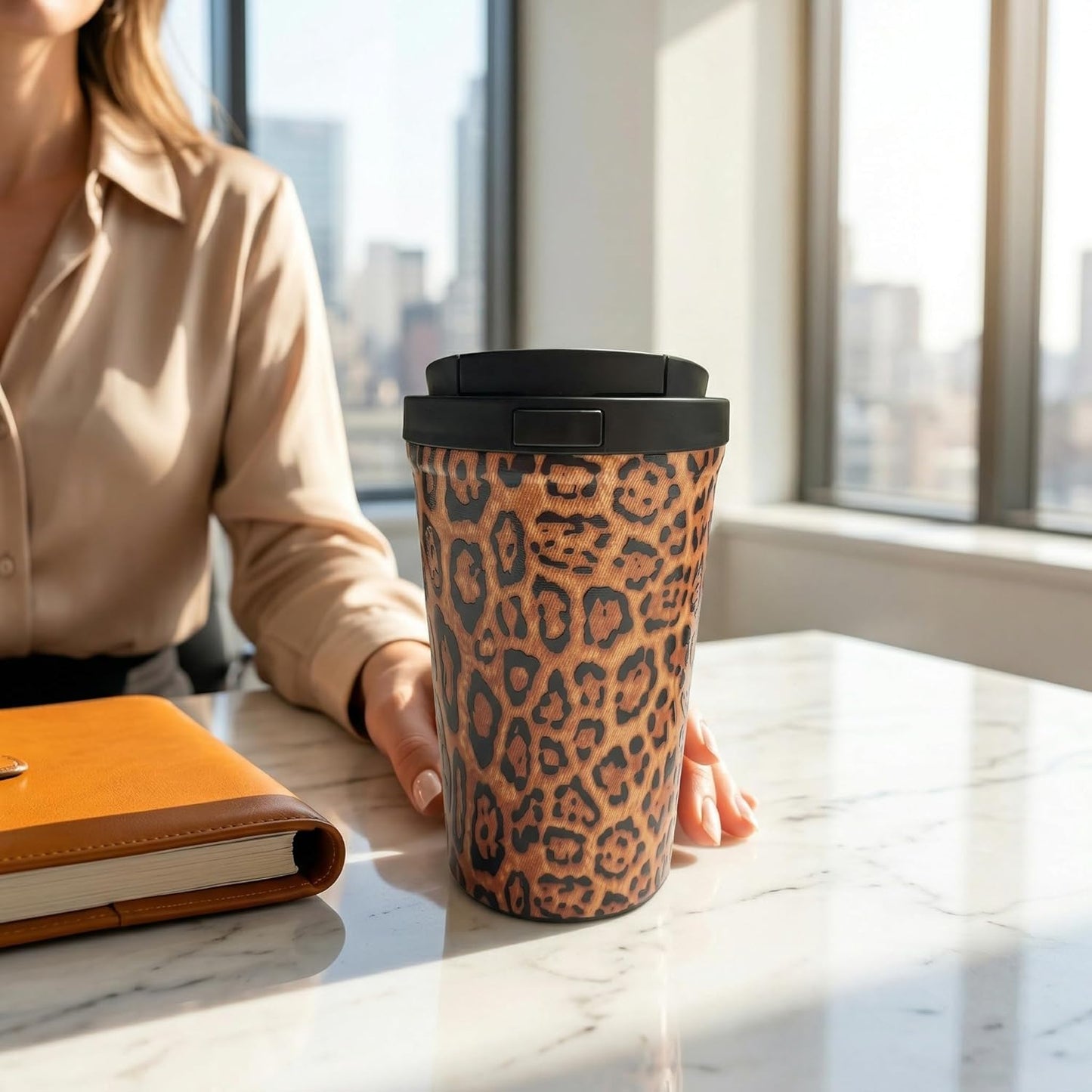 Insulated Coffee Mug for Travel Spill & Leak Proof Stainless Steel Coffee Tumbler Reusable Coffee Cup with Lid Brown Print 13OZ