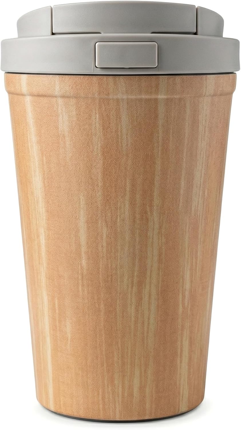 Insulated Coffee Mug for Travel Spill & Leak Proof Stainless Steel Coffee Tumbler Reusable Coffee Cup with Lid Wooden Print 13OZ