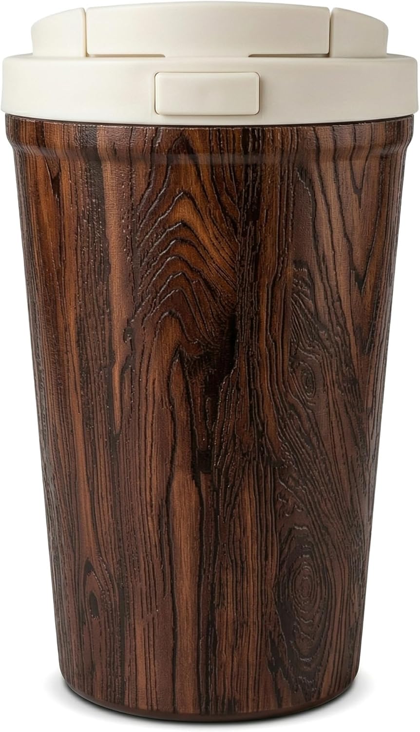 Insulated Coffee Mug for Travel Spill & Leak Proof Stainless Steel Coffee Tumbler Reusable Coffee Cup with Lid Brown Wooden 13OZ