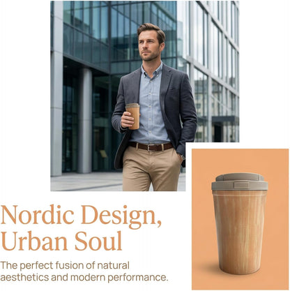 Insulated Coffee Mug for Travel Spill & Leak Proof Stainless Steel Coffee Tumbler Reusable Coffee Cup with Lid Wooden Print 13OZ