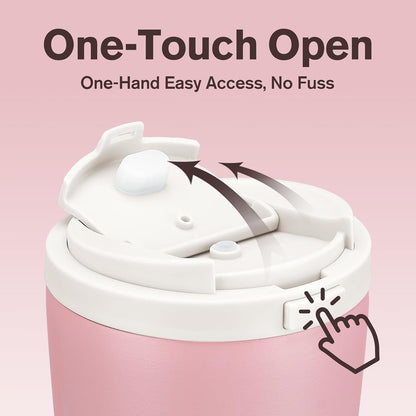 Insulated Coffee Mug for Travel with One-Tap Open Lid Spill Proof Stainless Steel Coffee Tumbler Car Mug Pink White 12OZ