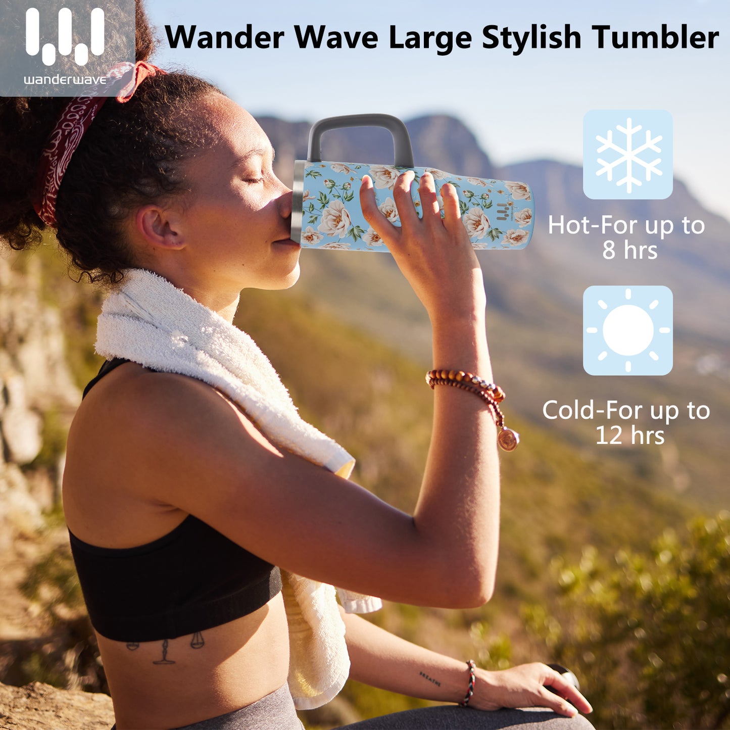 40 oz Insulated Tumbler with Handle, Stainless Steel Straw and silicone sleeves, Leakproof Travel Mug for Water, Blue flower