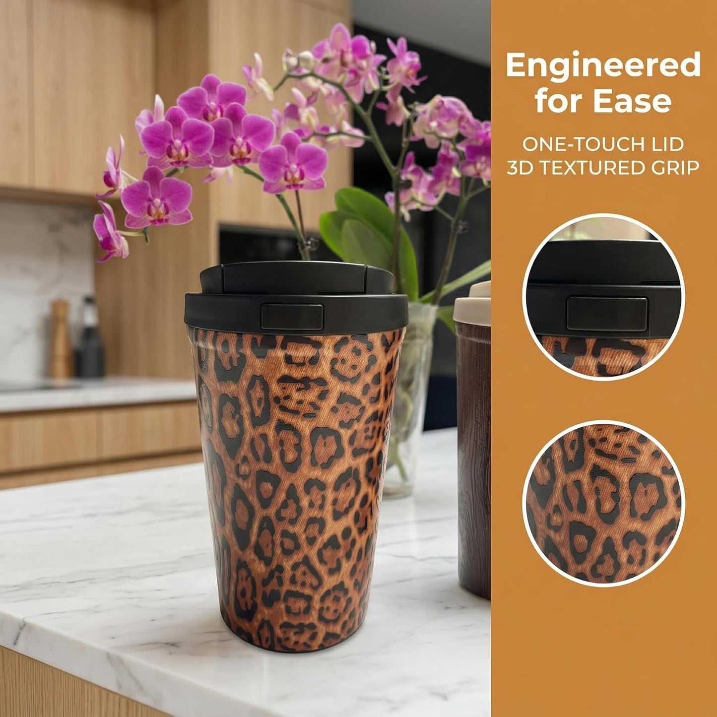 Insulated Coffee Mug for Travel Spill & Leak Proof Stainless Steel Coffee Tumbler Reusable Coffee Cup with Lid Brown Print 13OZ