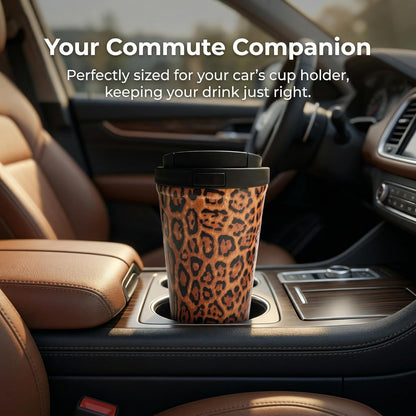 Insulated Coffee Mug for Travel Spill & Leak Proof Stainless Steel Coffee Tumbler Reusable Coffee Cup with Lid Brown Print 13OZ