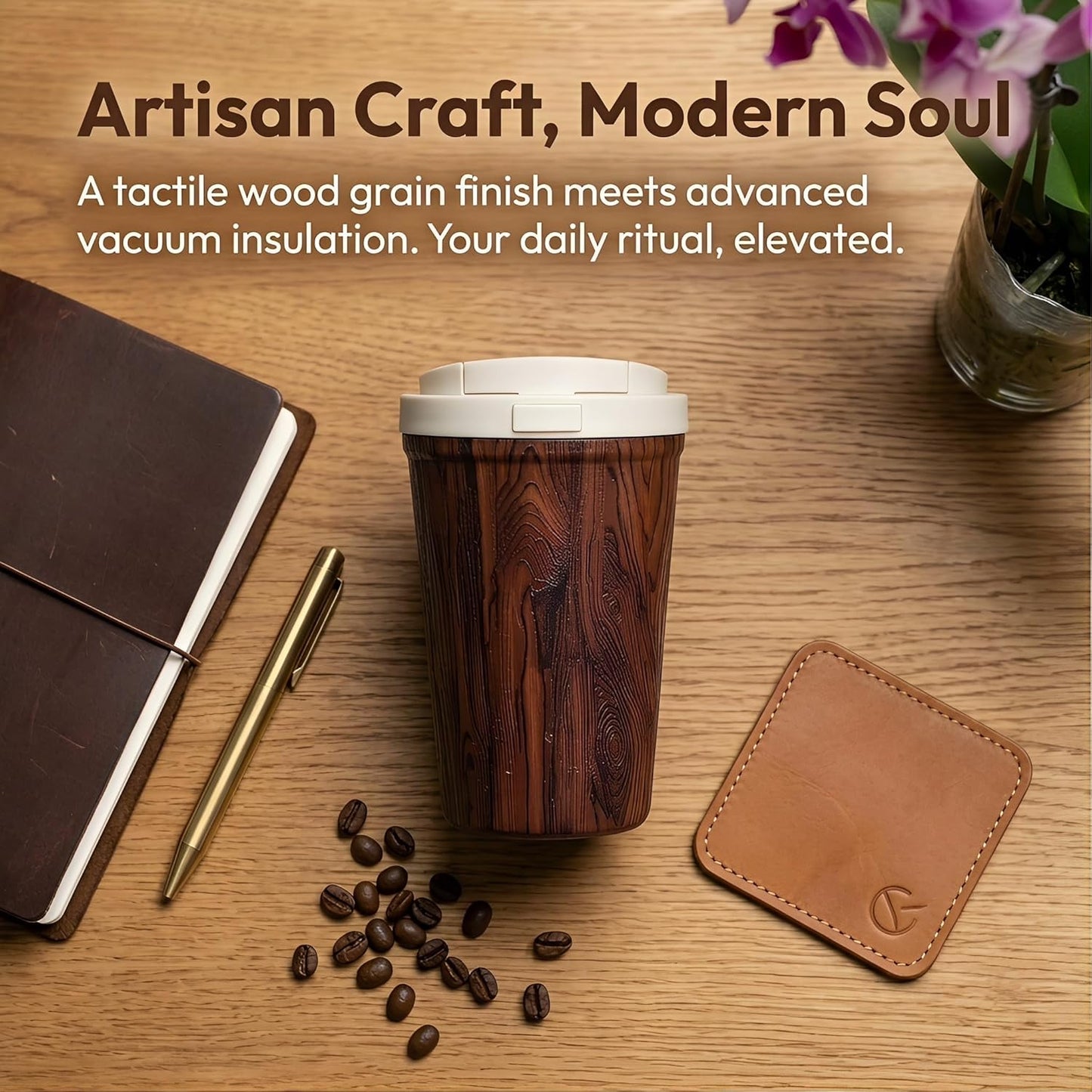 Insulated Coffee Mug for Travel Spill & Leak Proof Stainless Steel Coffee Tumbler Reusable Coffee Cup with Lid Brown Wooden 13OZ