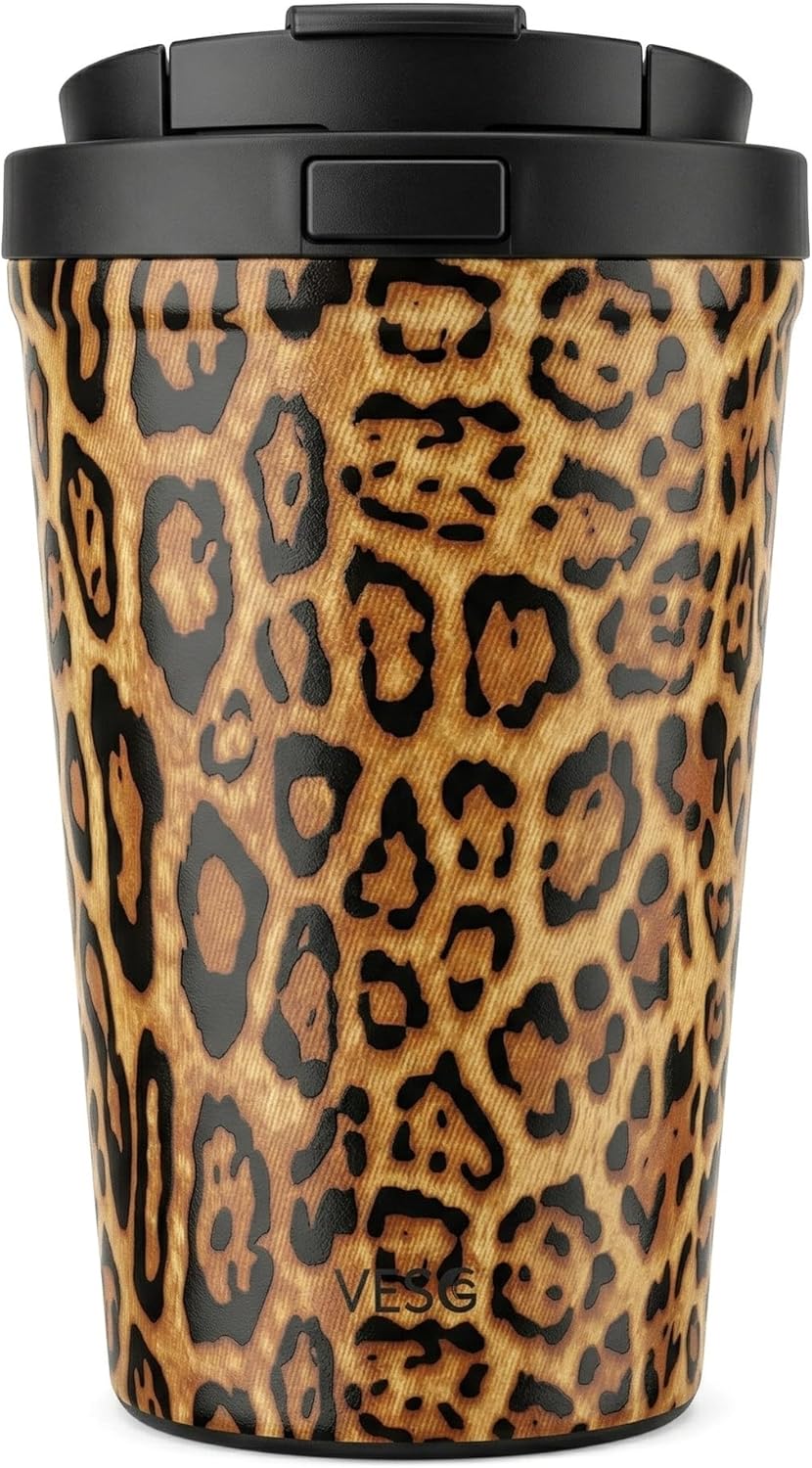 Insulated Coffee Mug for Travel Spill & Leak Proof Stainless Steel Coffee Tumbler Reusable Coffee Cup with Lid Brown Print 13OZ