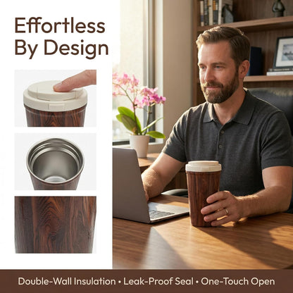 Insulated Coffee Mug for Travel Spill & Leak Proof Stainless Steel Coffee Tumbler Reusable Coffee Cup with Lid Brown Wooden 13OZ