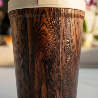 Insulated Coffee Mug for Travel Spill & Leak Proof Stainless Steel Coffee Tumbler Reusable Coffee Cup with Lid Brown Wooden 13OZ