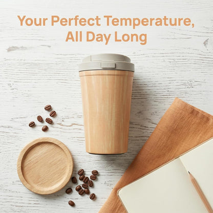 Insulated Coffee Mug for Travel Spill & Leak Proof Stainless Steel Coffee Tumbler Reusable Coffee Cup with Lid Wooden Print 13OZ