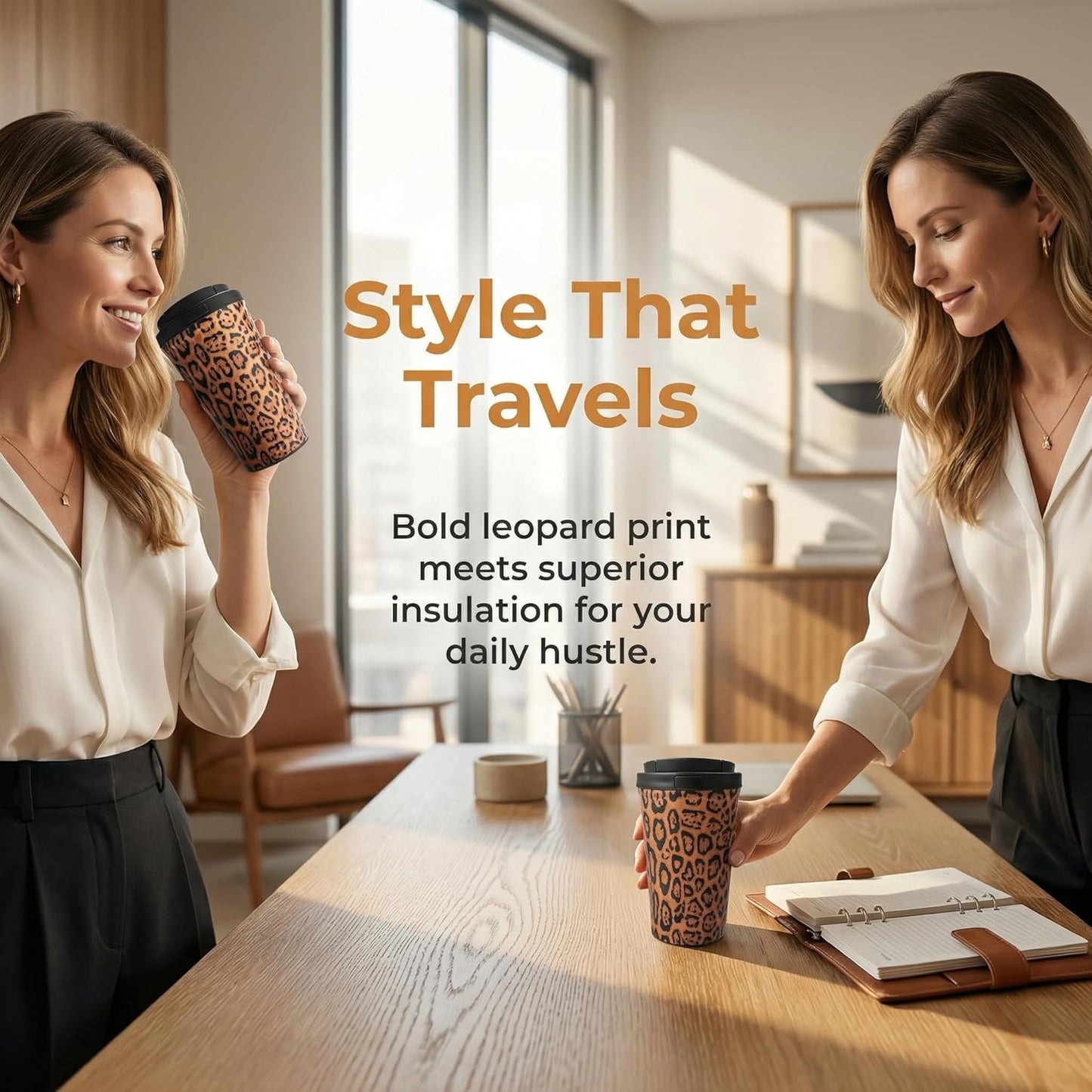Insulated Coffee Mug for Travel Spill & Leak Proof Stainless Steel Coffee Tumbler Reusable Coffee Cup with Lid Brown Print 13OZ