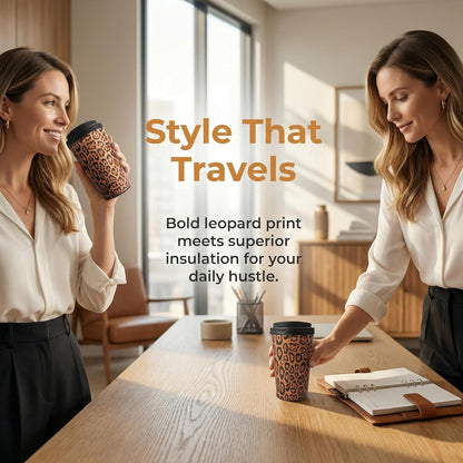 Insulated Coffee Mug for Travel Spill & Leak Proof Stainless Steel Coffee Tumbler Reusable Coffee Cup with Lid Brown Print 13OZ