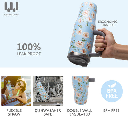 40 oz Insulated Tumbler with Handle, Stainless Steel Straw and silicone sleeves, Leakproof Travel Mug for Water, Blue flower